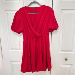 SHEIN Red Puff Sleeve V-neck Dress